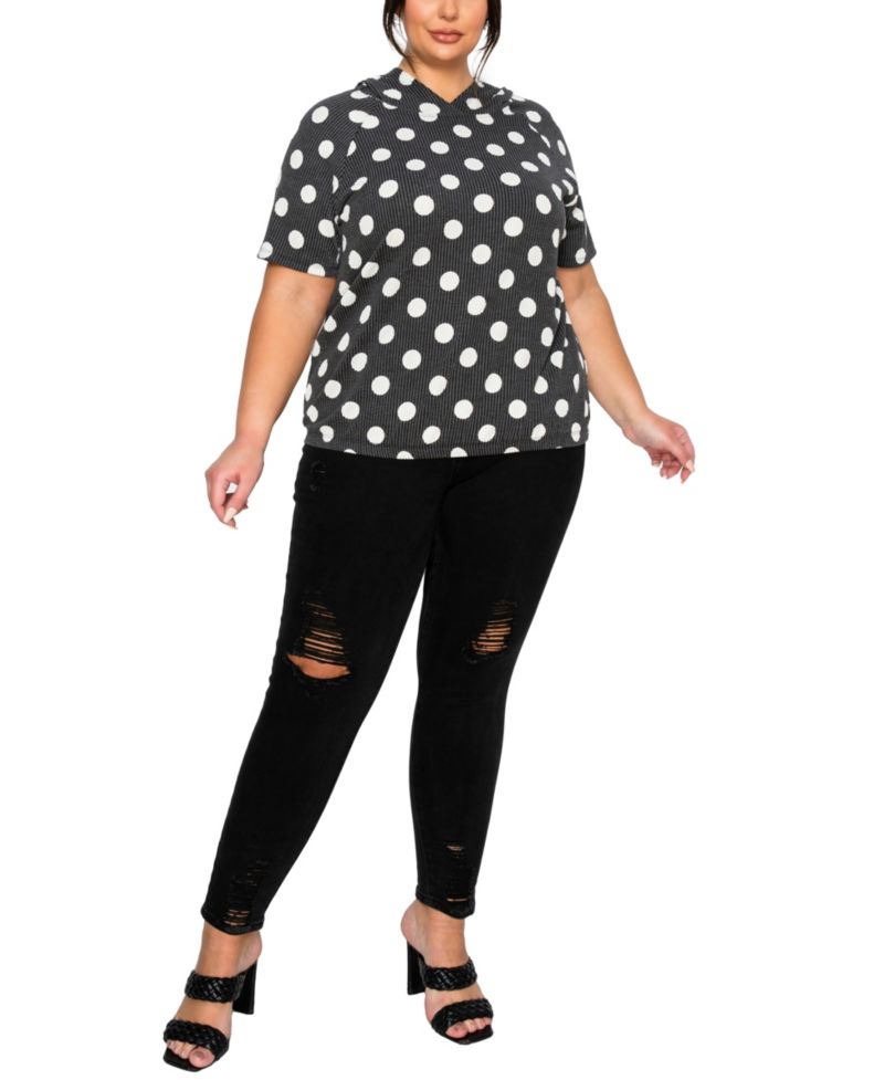 Plus Size Polka Dot Double Knit Hoodie Short- Sleeve Elastic Hem Top