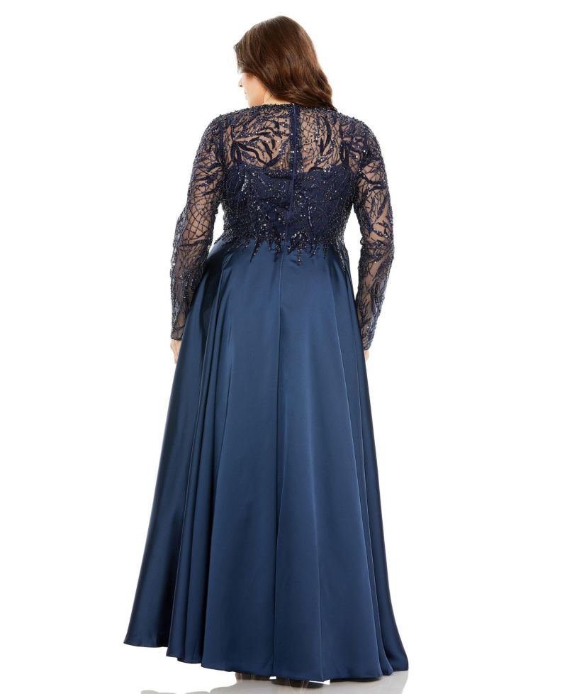 Women's Sheer Long Sleeve Beaded Top Satin Gown