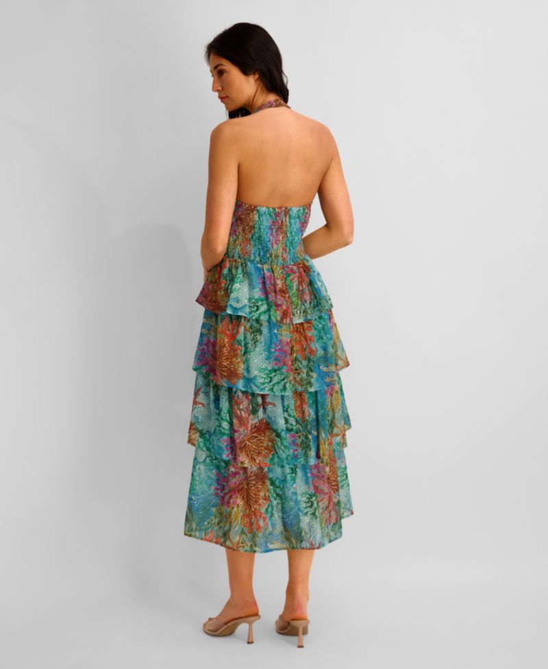 Women's Printed Eyelet Woven Midi Dress
