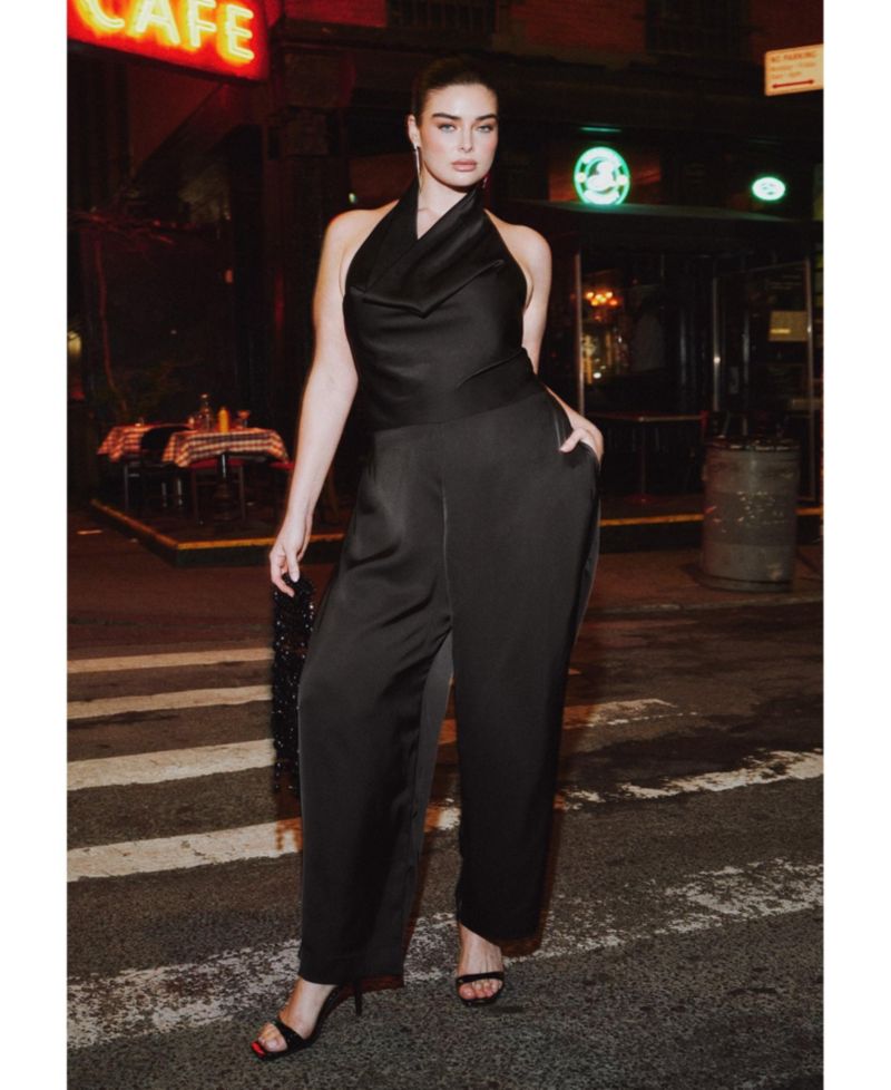 Plus Size Halter Cowl Neck Satin Jumpsuit