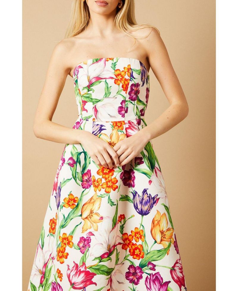 Women's Floral Twill Strapless Midi Dress