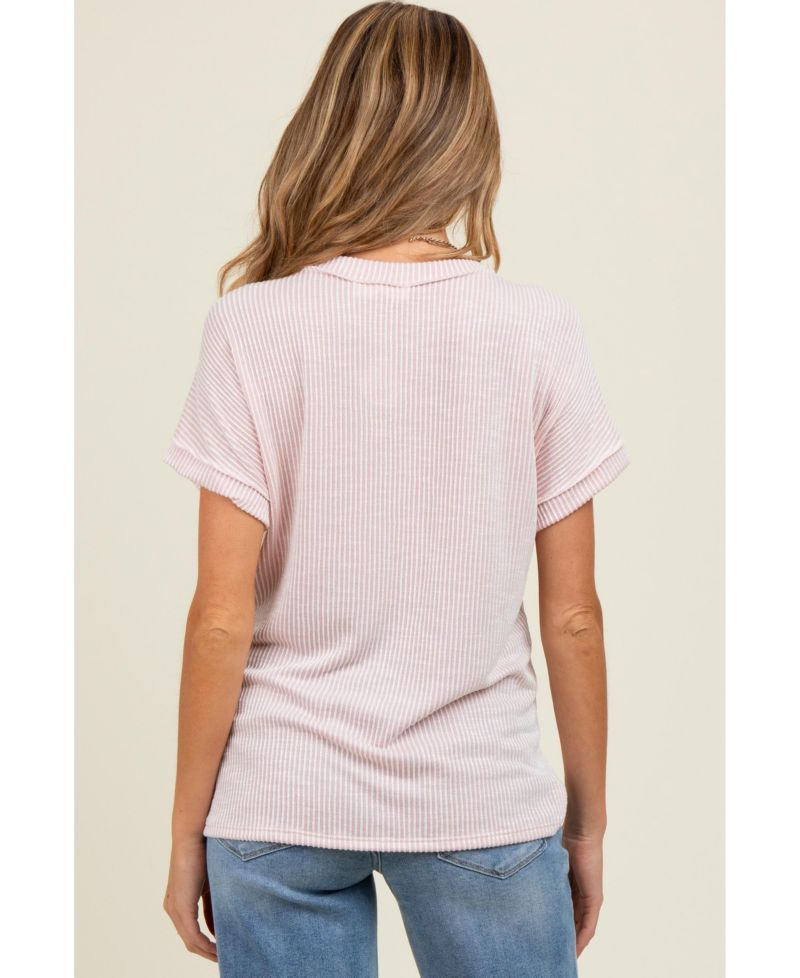 Women's Pink Ribbed Exposed Seam Short Sleeve Top