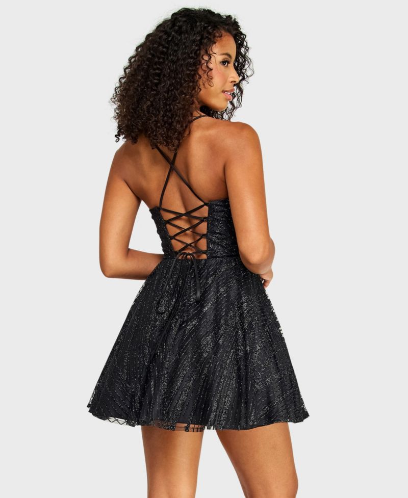Juniors' Sweetheart Neck Glitter Mesh Lace-Up Back Dress