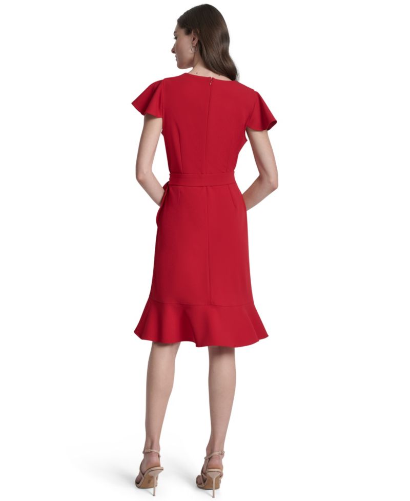 Women's Flutter Short-Sleeve V-Neck Faux-Wrap Dress