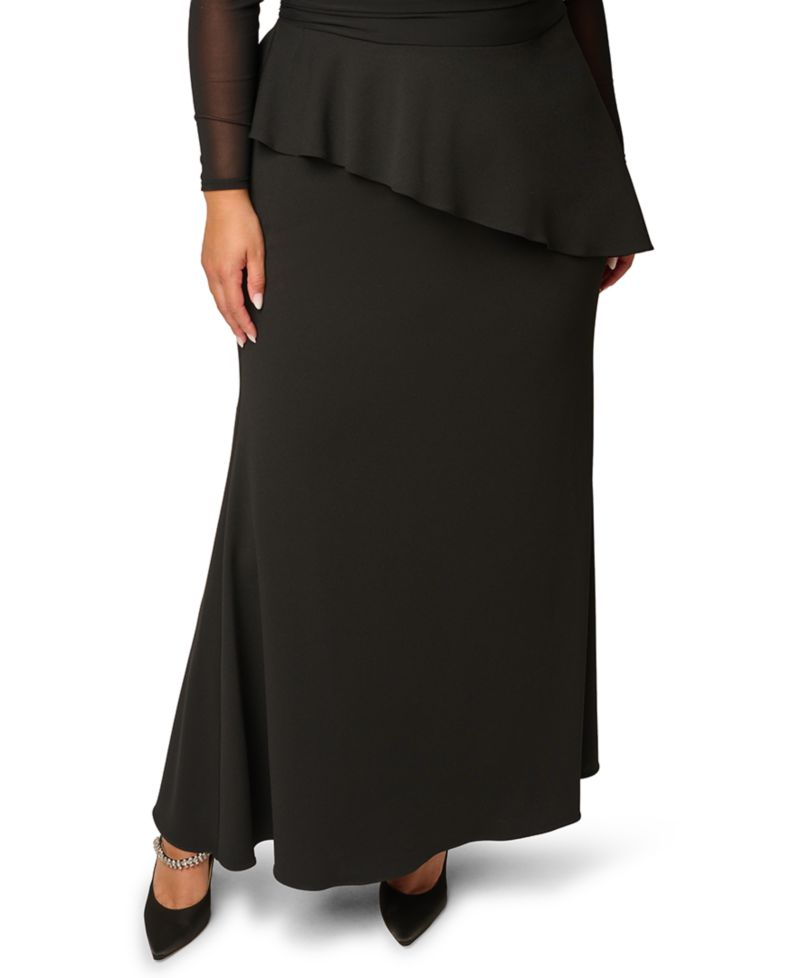 Plus Size Knit Crepe Combo Mesh Go Asymmetrical Long-Sleeve Dress