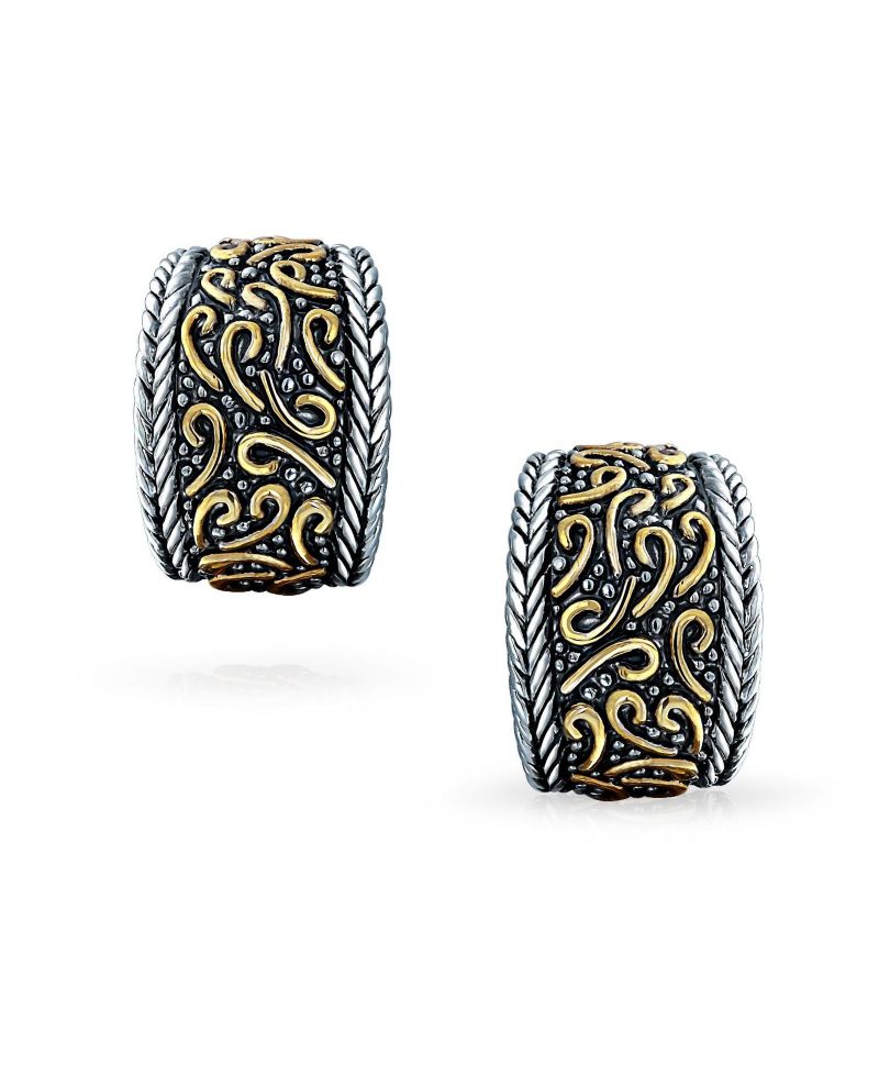 Bali Style Swirl 2-Tone Clip On Earrings Black Oxidized Silver Gold Plated