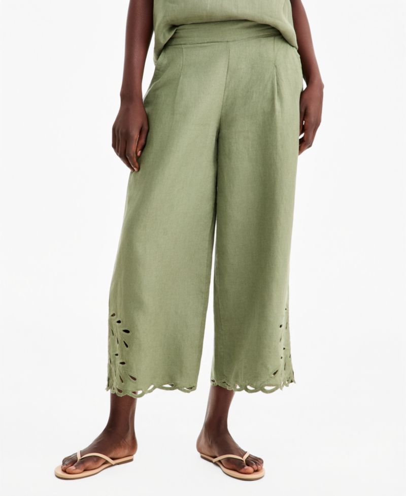 Women's Linen Eyelet-Hem Cropped Wide-Leg Pants