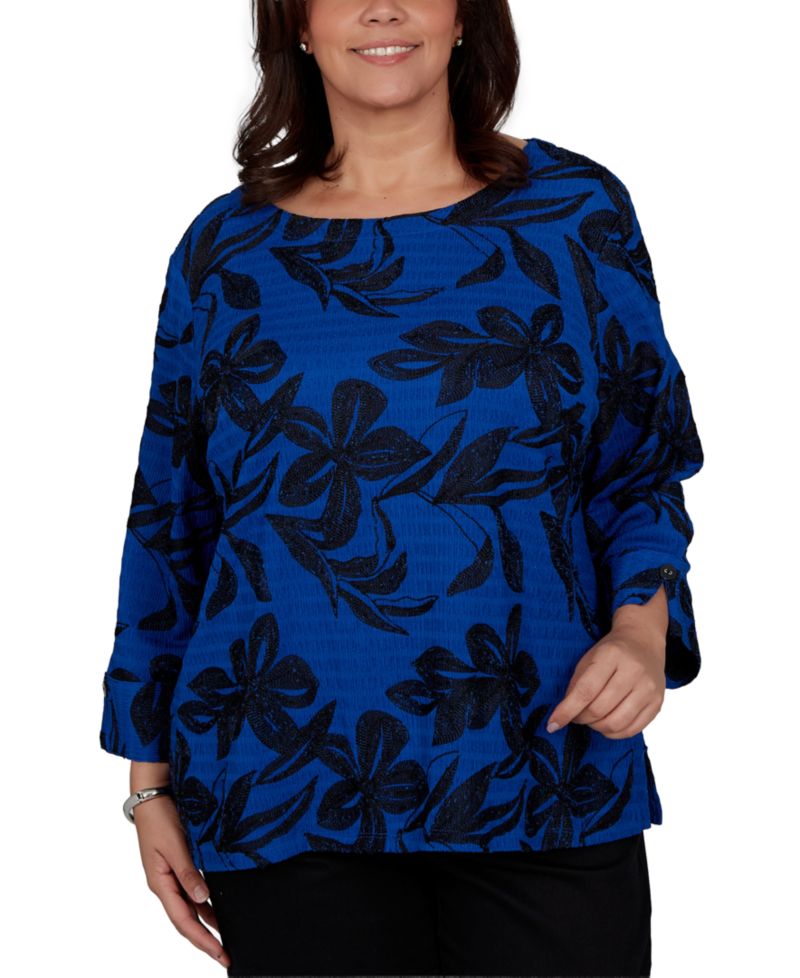 Plus Size Calm Luxe Floral Textured-Knit Boat Neck Blouse