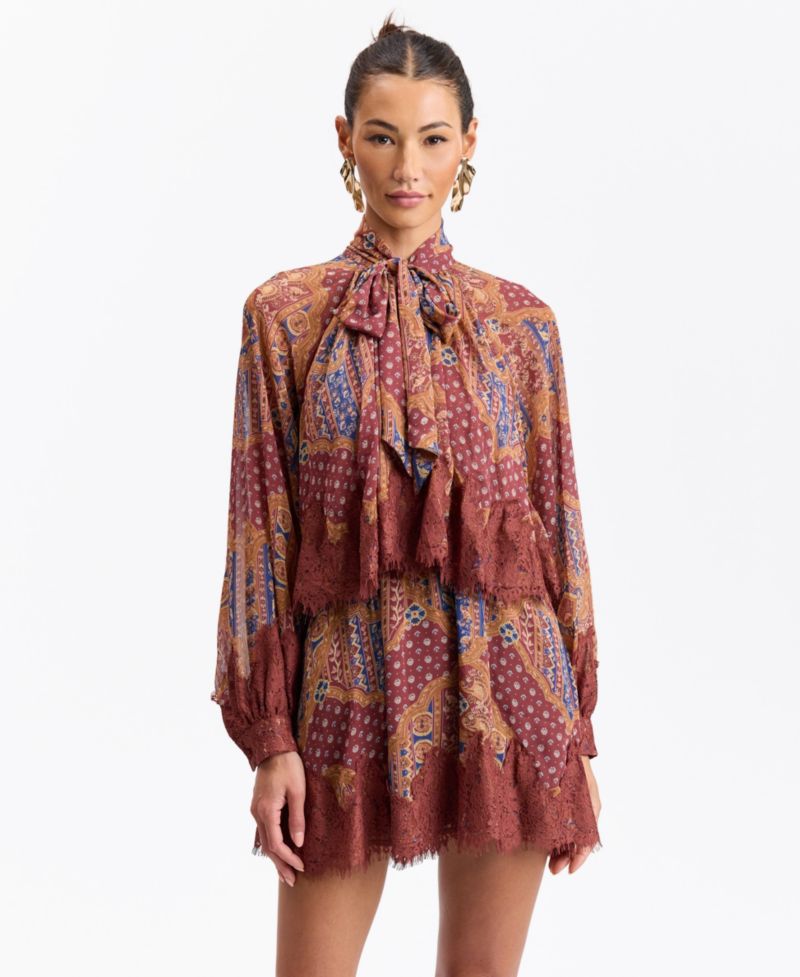Women's Tie-Neck Long-Sleeve Tiered Mini Dress