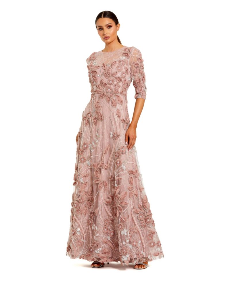 Petite 3/4 Sleeve High Neck Embroidered A Line Gown