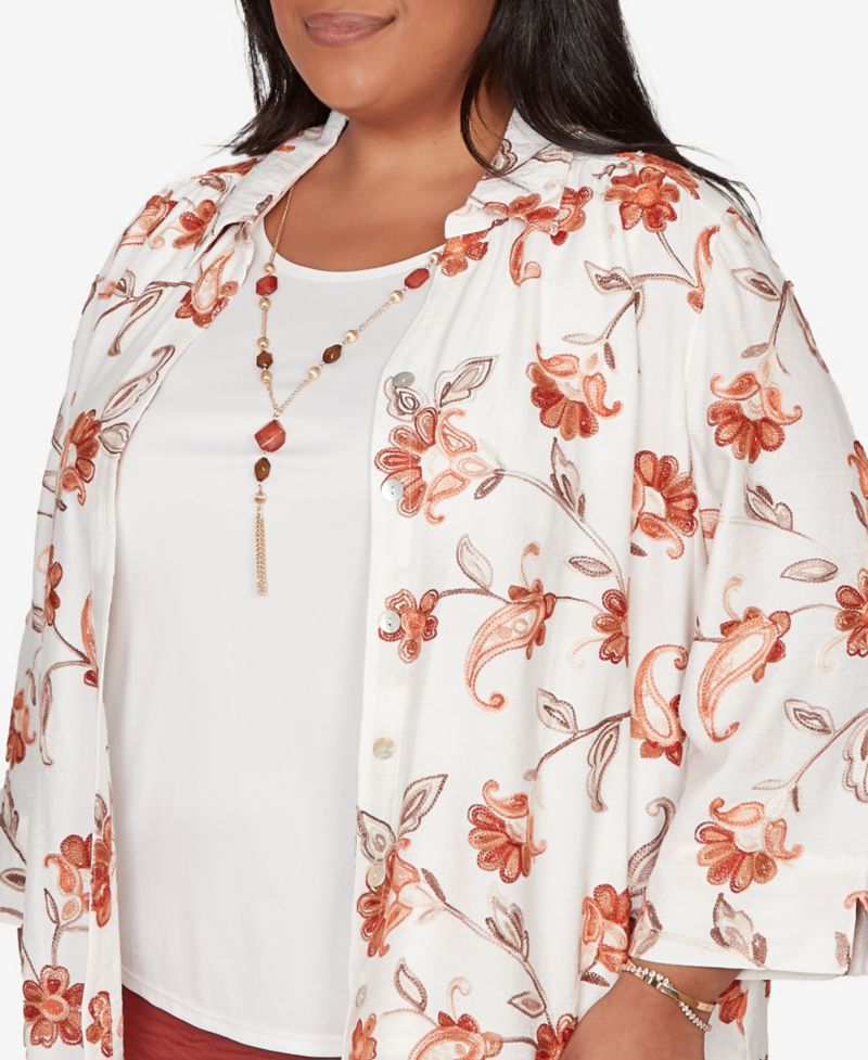 Plus Size Spice Market Paisley Floral Collared Two-in-One Top with Necklace