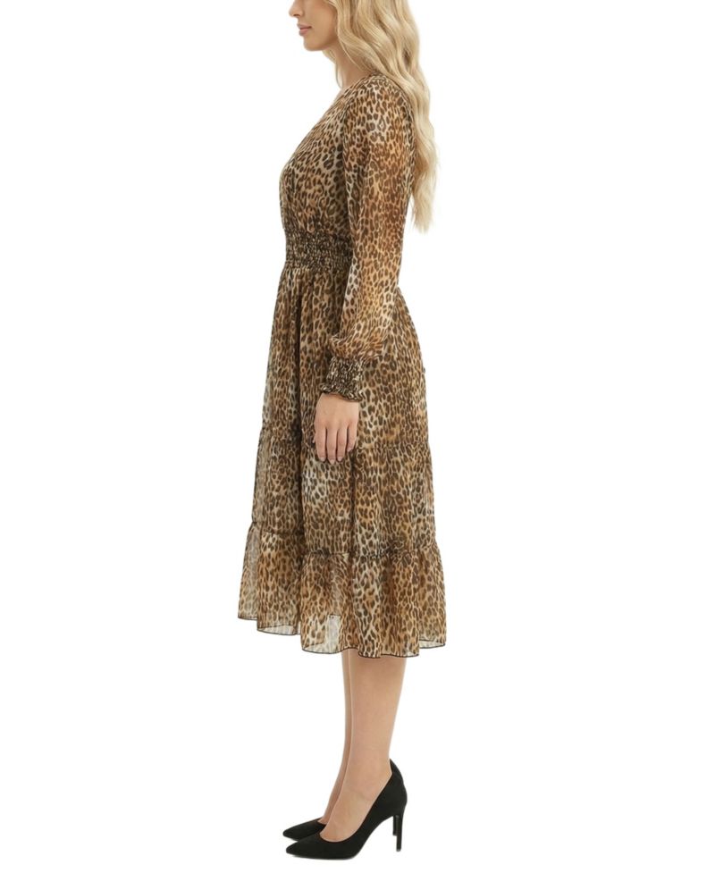 Petite Long-Sleeve Clip Dot Chiffon Dress With Smocked Waist and Cuffs