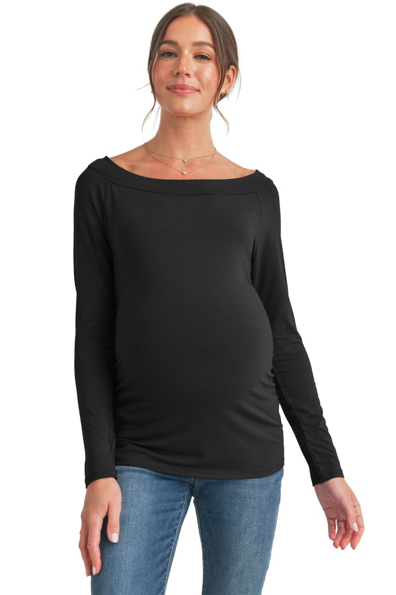 Maternity Ruched Long Sleeve Boat Neck Top