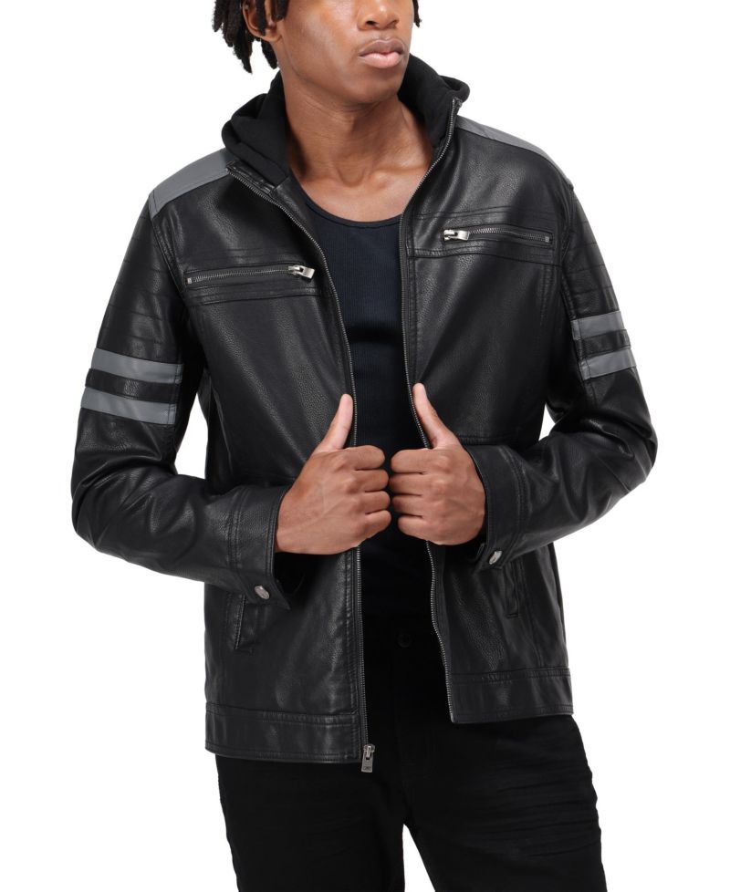 XRAY Men's Grainy PU Leather Hooded Jacket With Faux Shearling Lining
