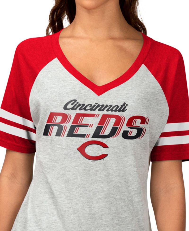 Women's Heather Gray Cincinnati Reds Goal Line Raglan V-Neck T-Shirt