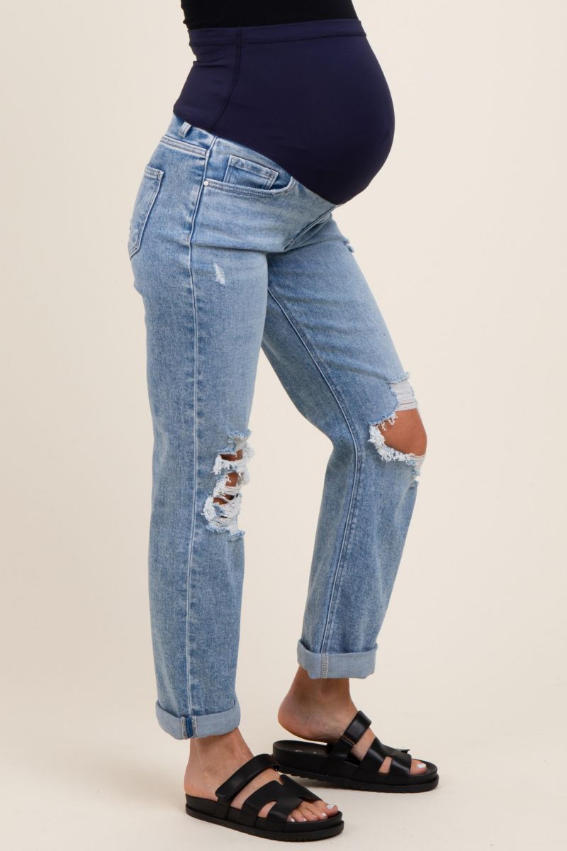 Women's Light Blue Ripped Knee Rolled Cuff Straight Leg Jeans