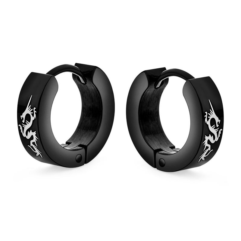 Asian Dragon Mini Hoop Huggie Earrings Silver Tone Stainless Steel