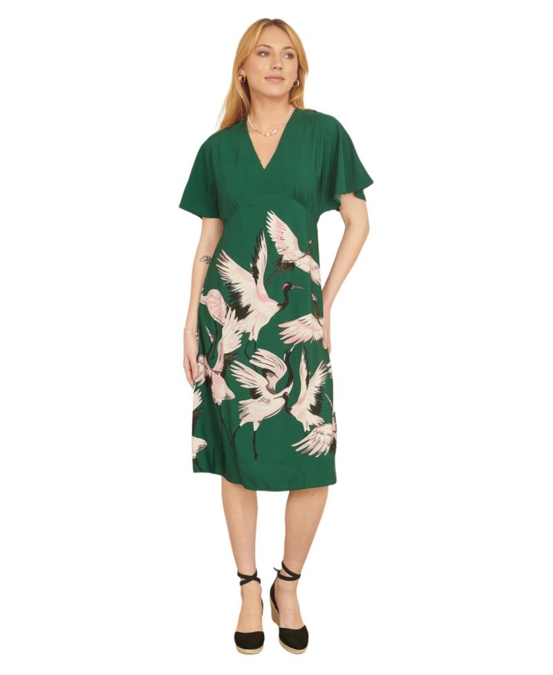 Women's Crane Print Kimono Midi Dress