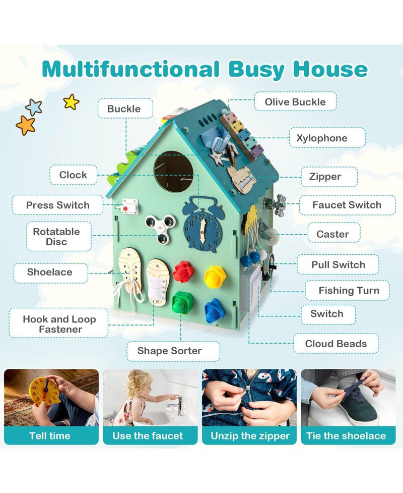 Montessori Playhouse with Sensory Games and Interior Storage, Blue Kids Play Tent