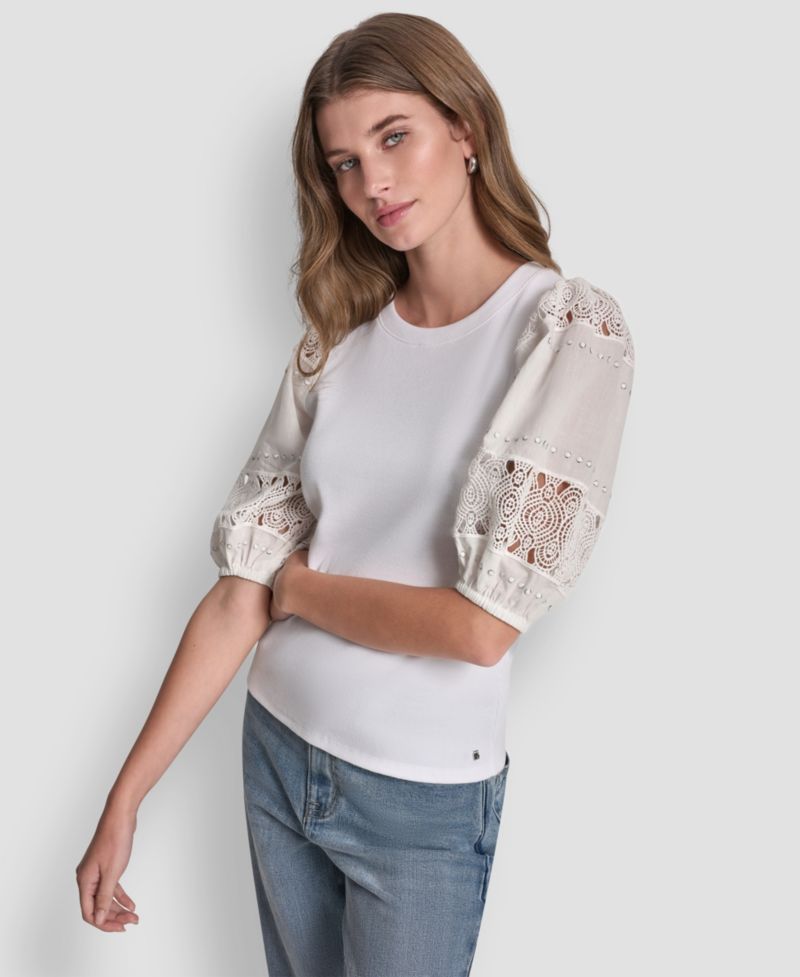 Petite Crew Neck Lace Eyelet Pull-On Top