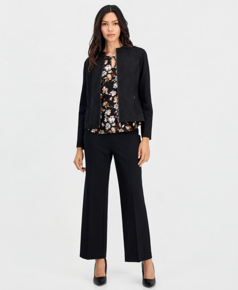 Women's Petite 3/4-Sleeve Floral-Print Keyhole Blouse