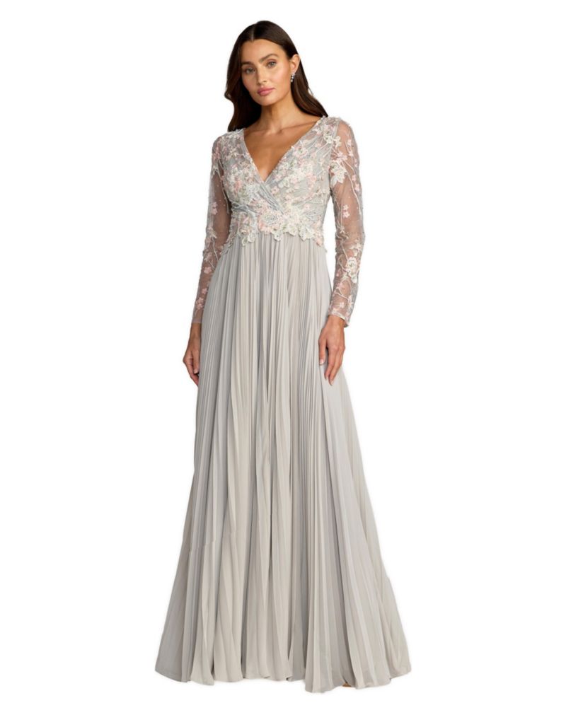Women's Embroidered Long Sleeve V Neck Pleated Gown