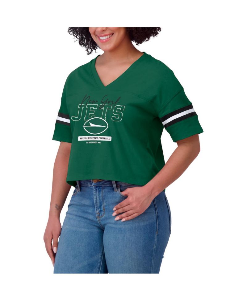 Women's Green New York Jets Color Block Boxy Modest Crop V-Neck T-Shirt