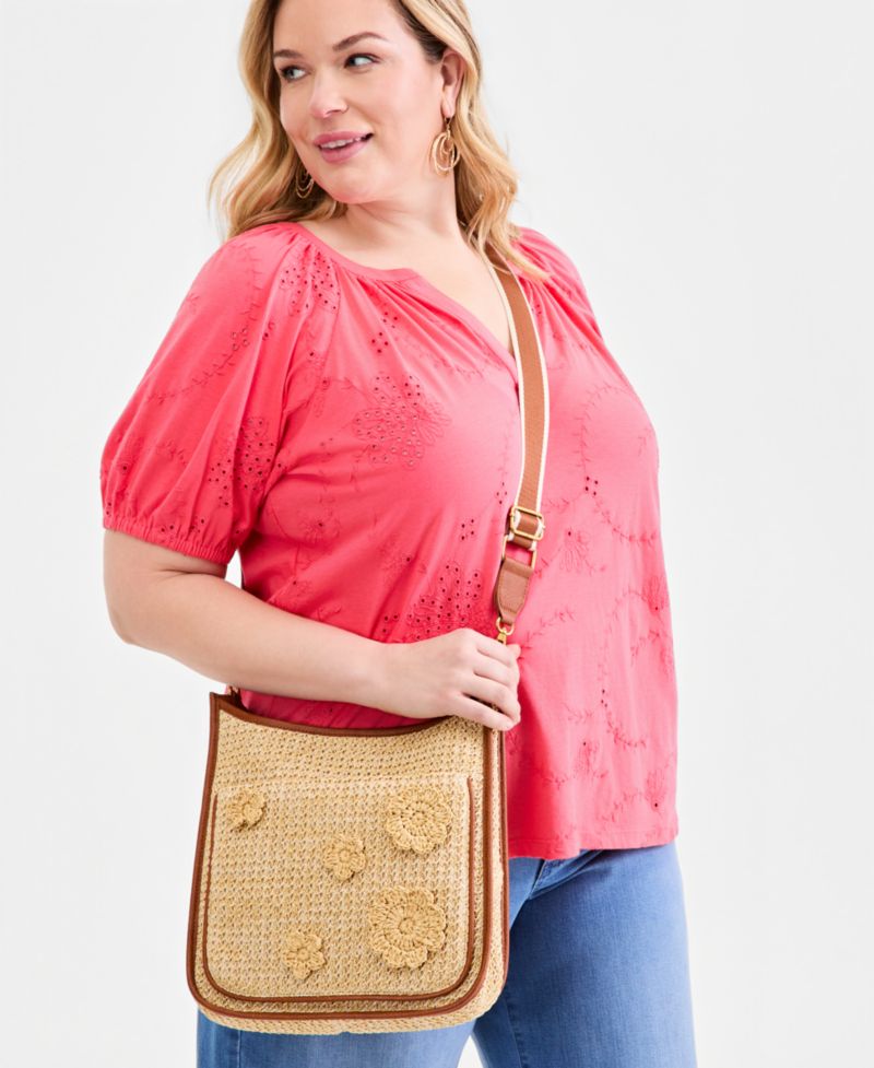 Floral Straw Applique Dip Crossbody