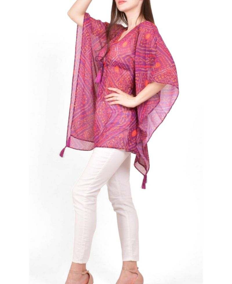 Women's Mirror Embroidered Bandhani Georgette Kaftan Top