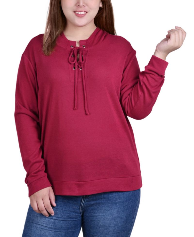Plus Size Long Sleeve Criss Cross Placket Sweatshirt