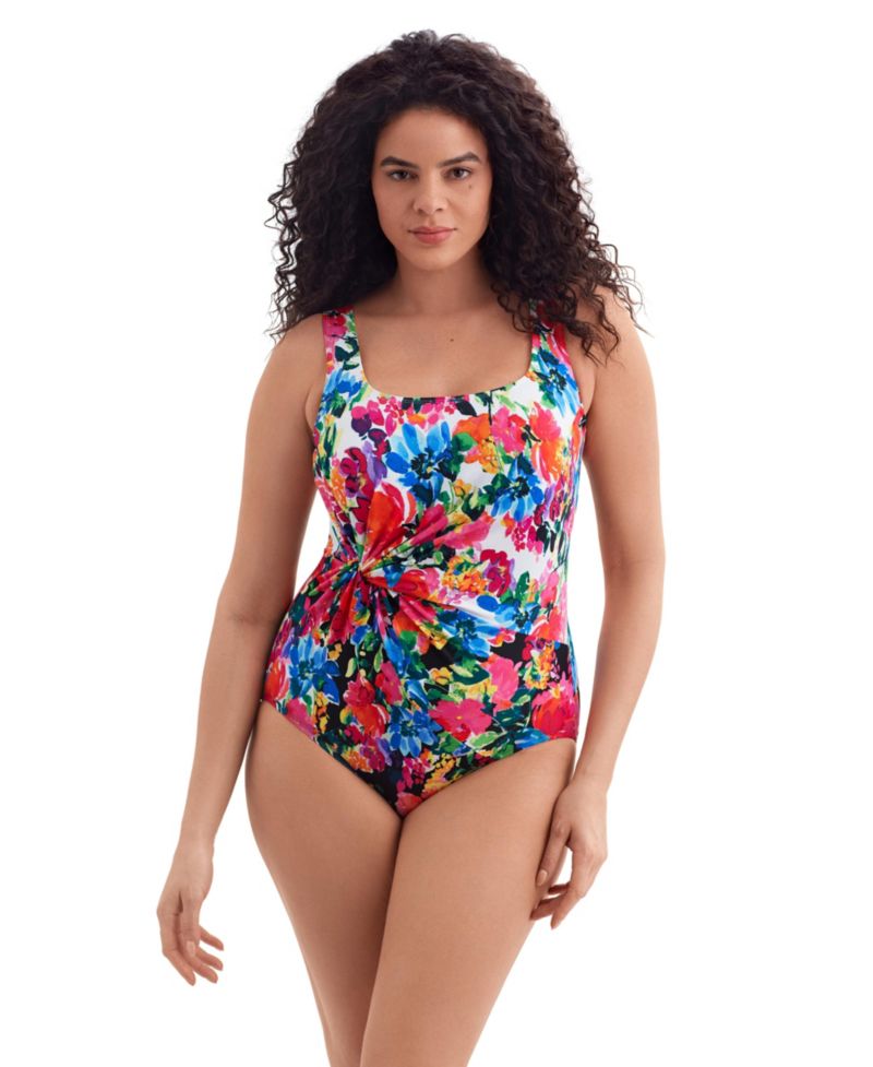 Women's Blooming Bouquet Twist Drape Tank Long Torso One-Piece Swimsuit