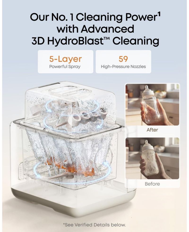 S1 Baby Bottle Washer,Sterilizer and Dryer with 60 Detergent Tablets,10-Bottle Capacity,No Spot and Odorless Cleaning