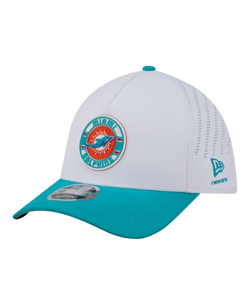 Men's White/Aqua Miami Dolphins Patch 39THIRTY A-Frame M-Crown Perforated Flex Hat
