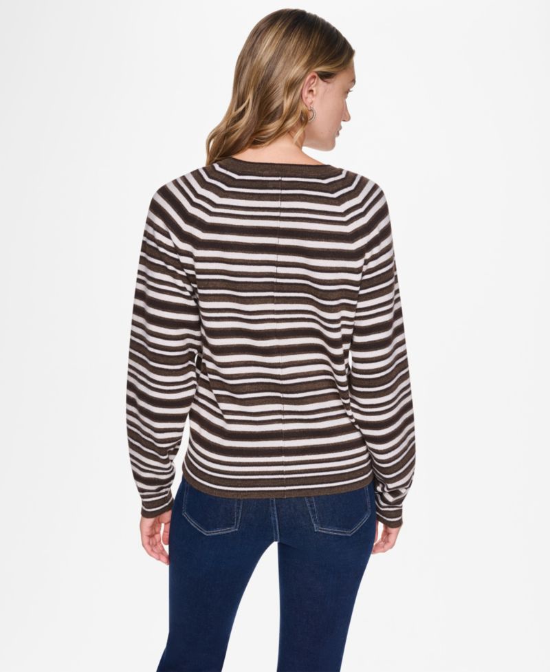 Women's Striped Raglan Crew Neck Long-Sleeve Henley Sweater
