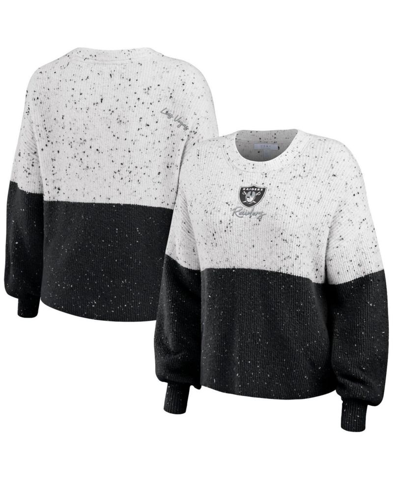 Women's White, Black Las Vegas Raiders Color-Block Pullover Sweater