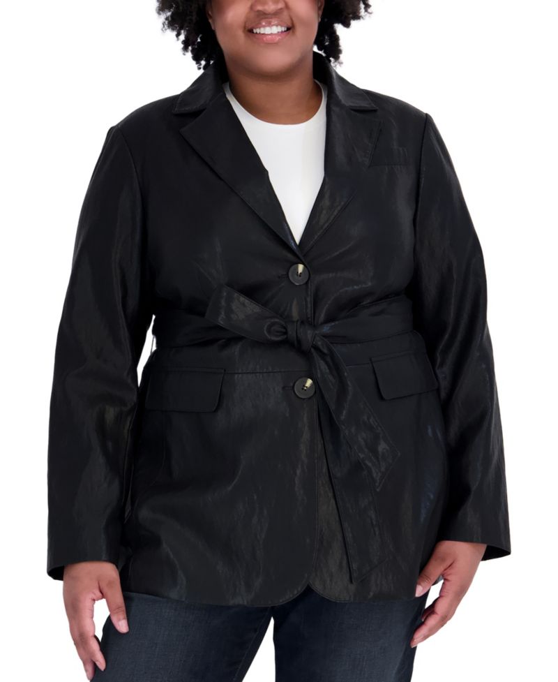 Plus Size Belted Faux Leather Trench Coat