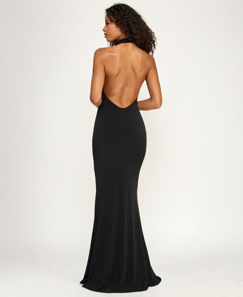 Juniors' Drape Halter Neck V-Waist Detail Gown