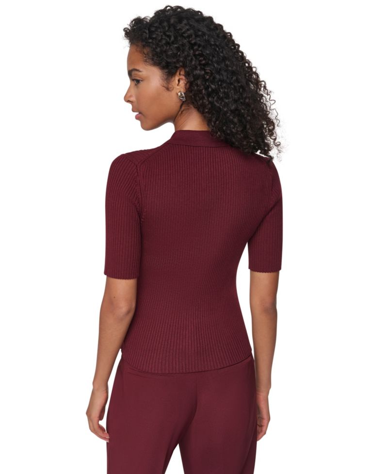 Petite Short-Sleeve Half-Zip Ribbed Cotton-Blend Sweater