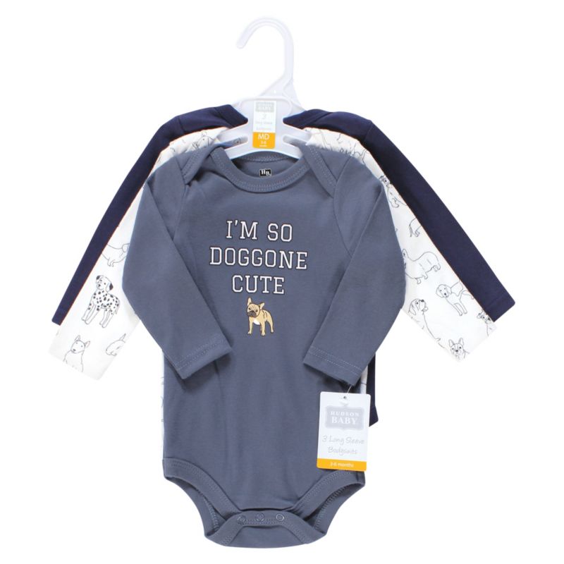 Cotton Long-Sleeve Bodysuits, Dogs 3-Pack