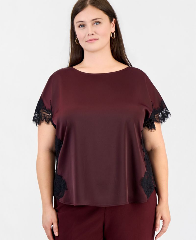 Plus Size Lace-Trim Short-Sleeve Bateau Neck Blouse