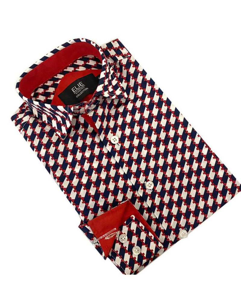 Big Boys Red Geometric Button-Down Slim Fit Short Sleeve Shirt