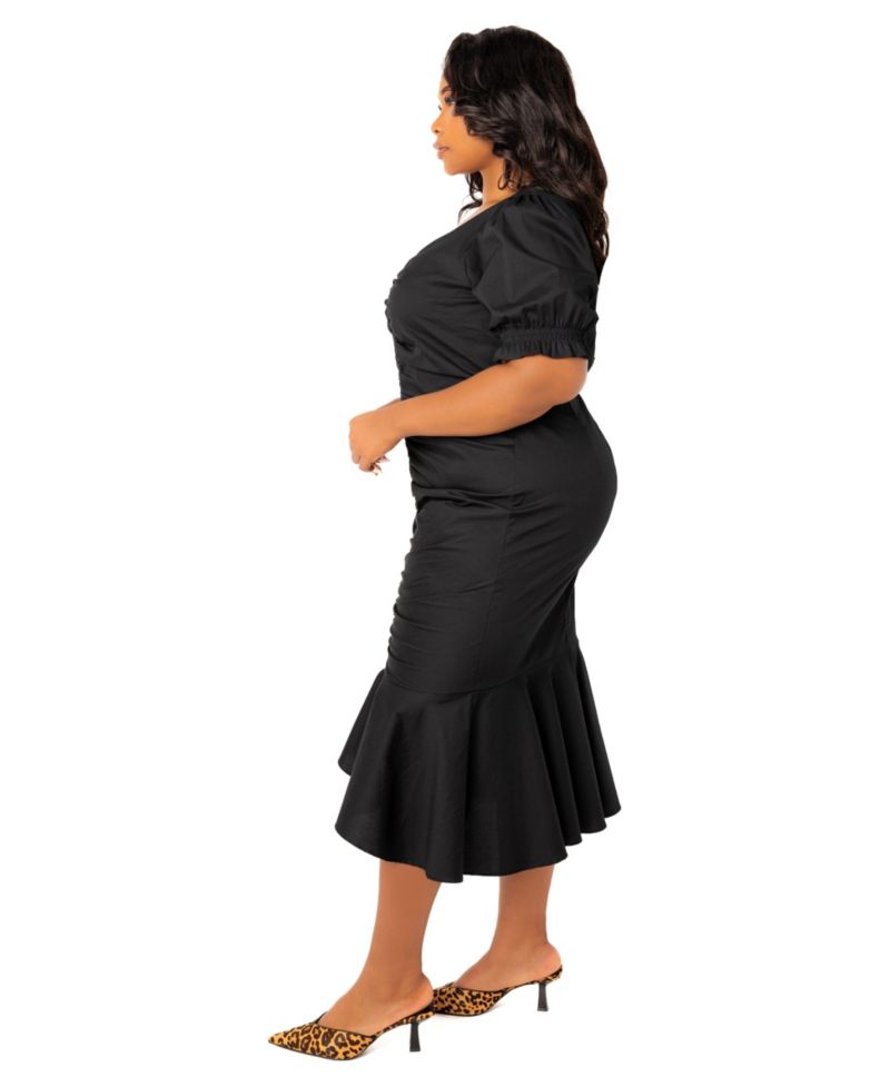 Plus Size Ruched Fishtail Midi Dress