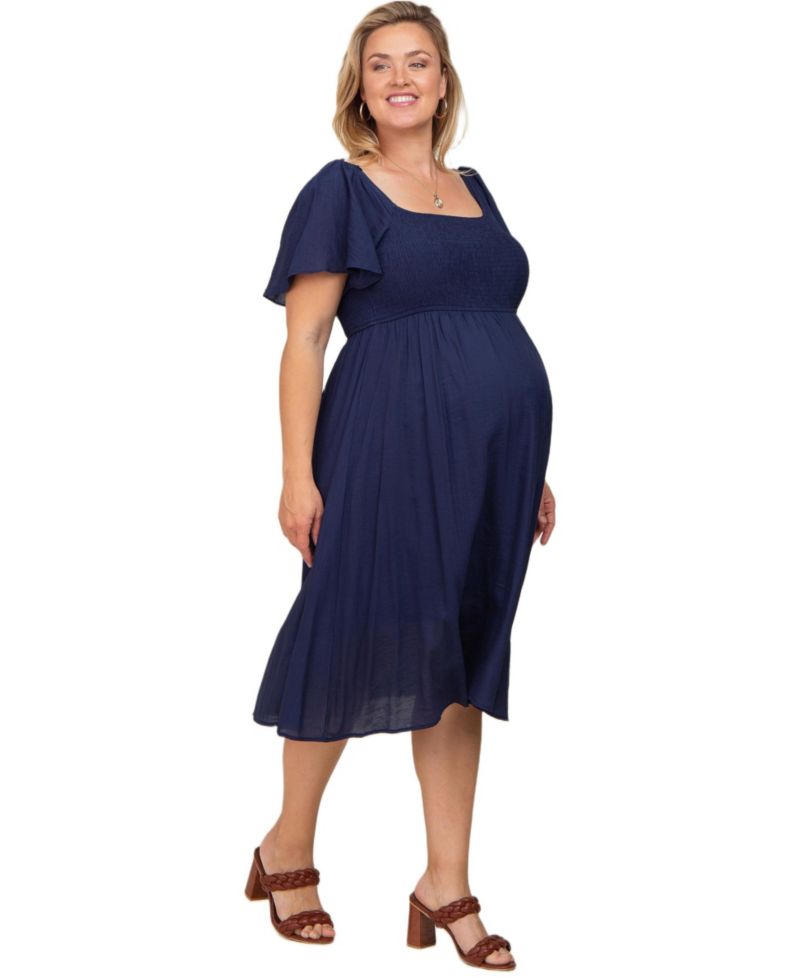 Women's Maternity Smocked Square Neck Flutter Short Sleeve Midi Dress