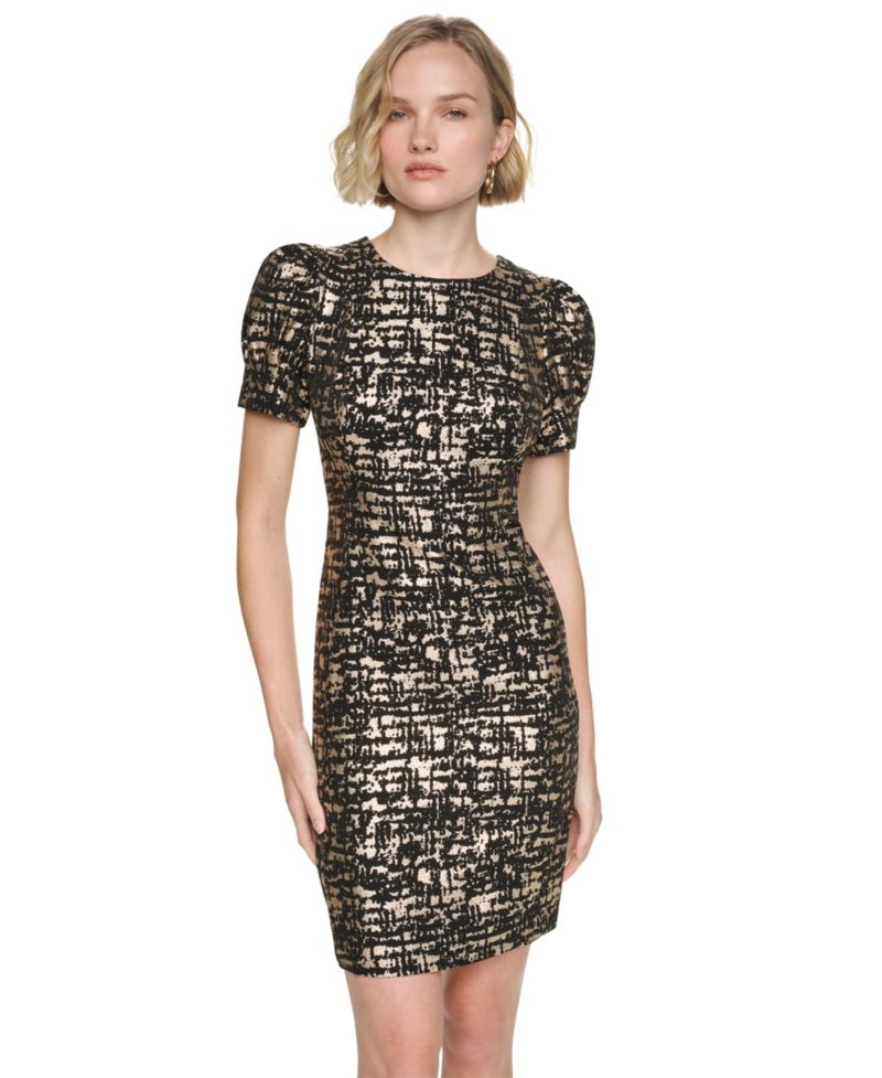 Women's Pleated-Sleeve Jewel Neck Sheath Dress
