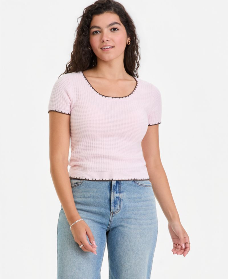 Juniors' Waffle-Knit Short-Sleeve Sweater