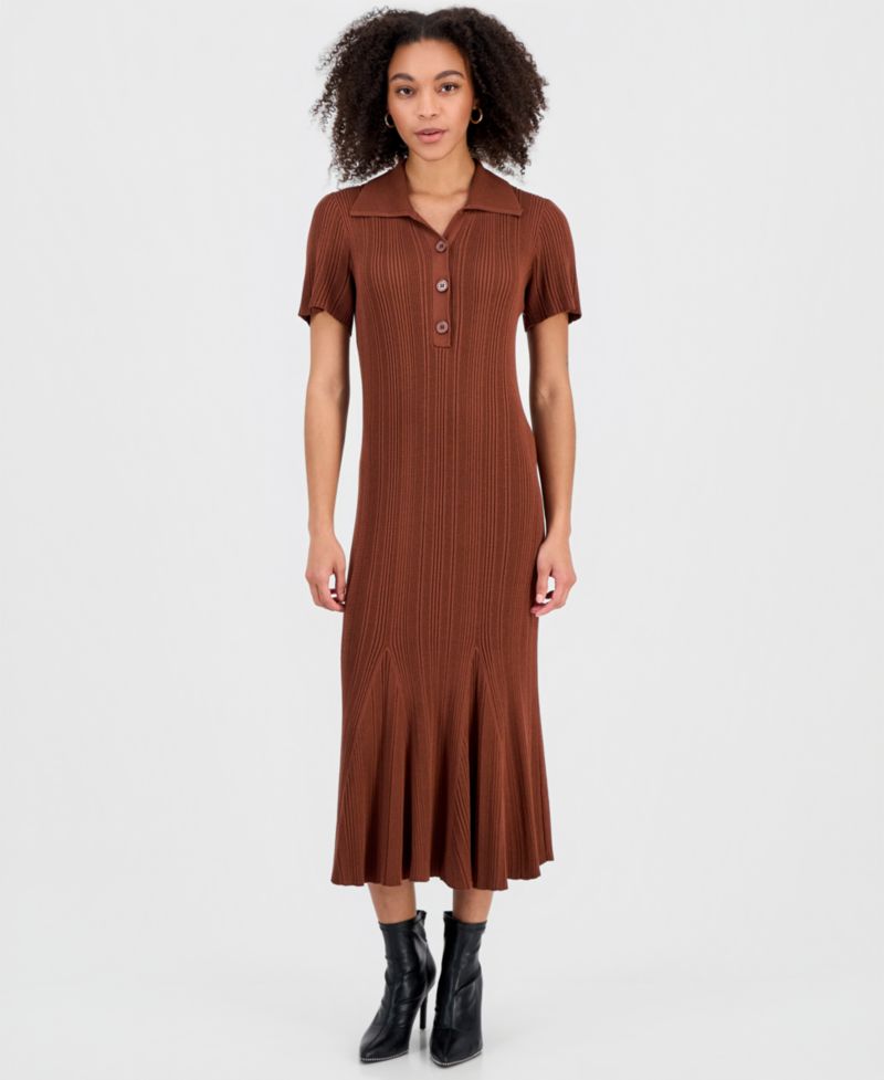Women's Rib-Knit Short-Sleeve Midi Sweater Dress
