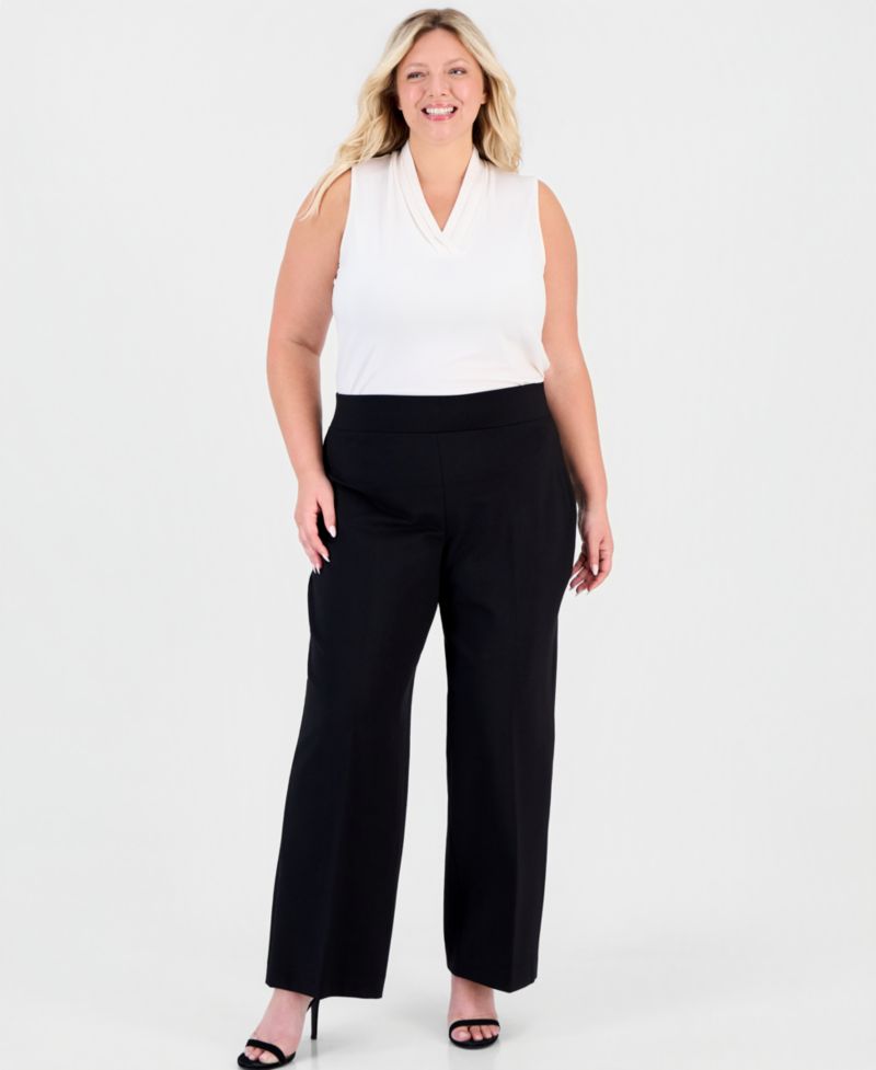 Plus Size Compression Pull-On Wide-Leg Trousers