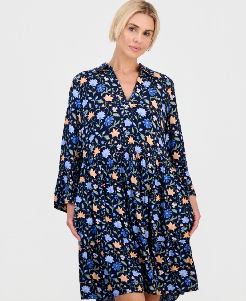 Petite Printed 3/4-Sleeve Tiered Shift Dress