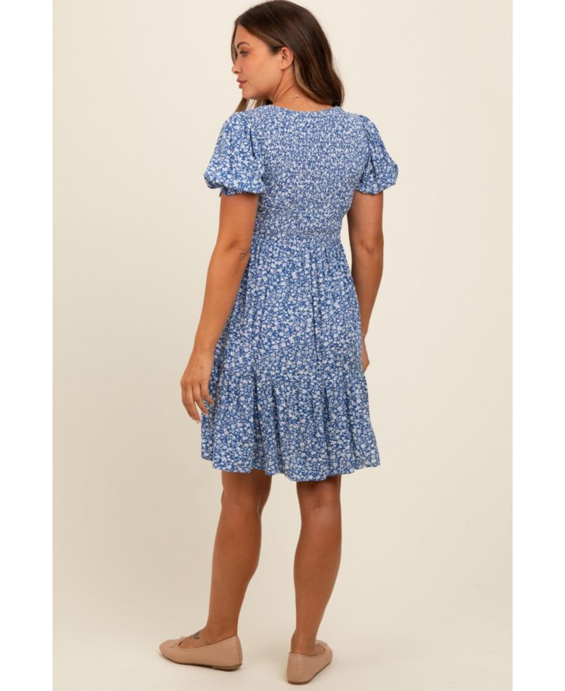Women's Blue Floral Puff Sleeve Smocked Dress