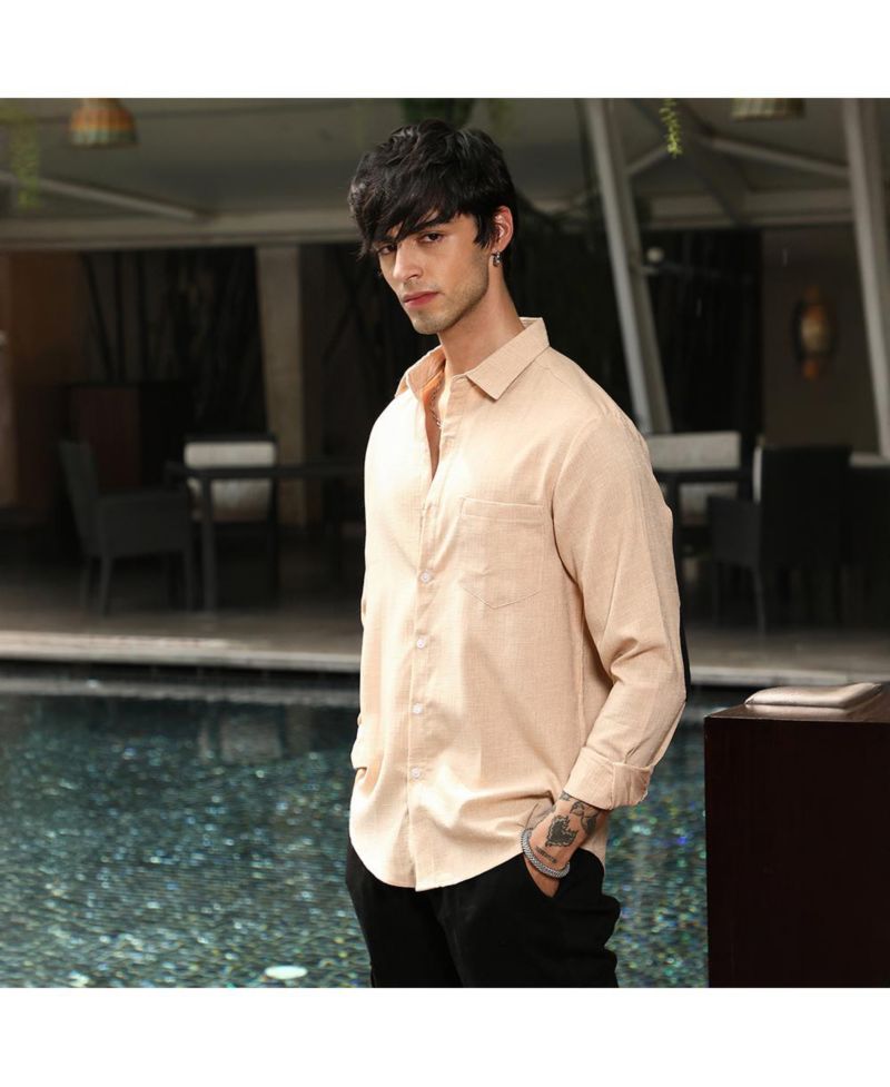 Men's Ecru Beige Solid Relaxed Shirt